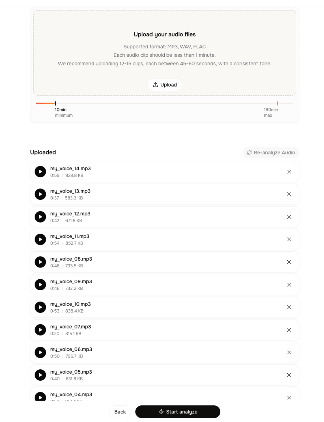 The Professional Voice Clone upload page with supported formats, the duration timeline, the uploaded clips, and the Start analyze button