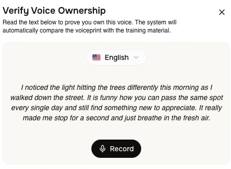 The Verify Voice Ownership step with a language selector, prompt text, and a Record button