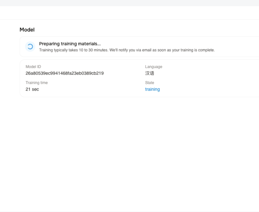 The Professional Voice Clone training status showing 'Preparing training materials' with model details