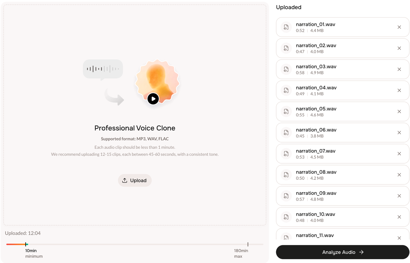 The upload page with 14 uploaded clips, 12 minutes on the timeline, and the Analyze Audio button