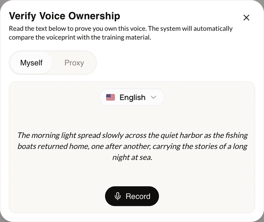 The Verify Voice Ownership dialog with the Myself and Proxy tabs, a language selector, the prompt text, and a Record button