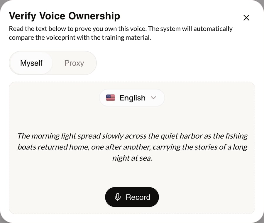 The Verify Voice Ownership dialog with the Myself and Proxy tabs, a language selector, the prompt text, and a Record button
