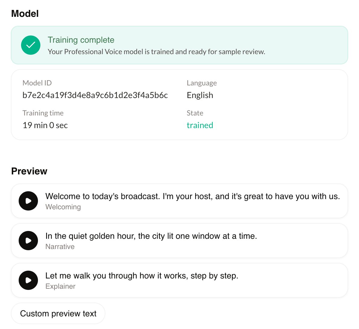 The Training complete banner and the Preview section with three samples and the Custom preview text button
