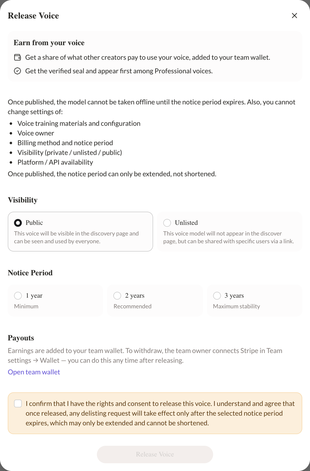The Release Voice dialog with Earn from your voice, the locked settings, Visibility, Notice Period, Payouts, and the confirmation box