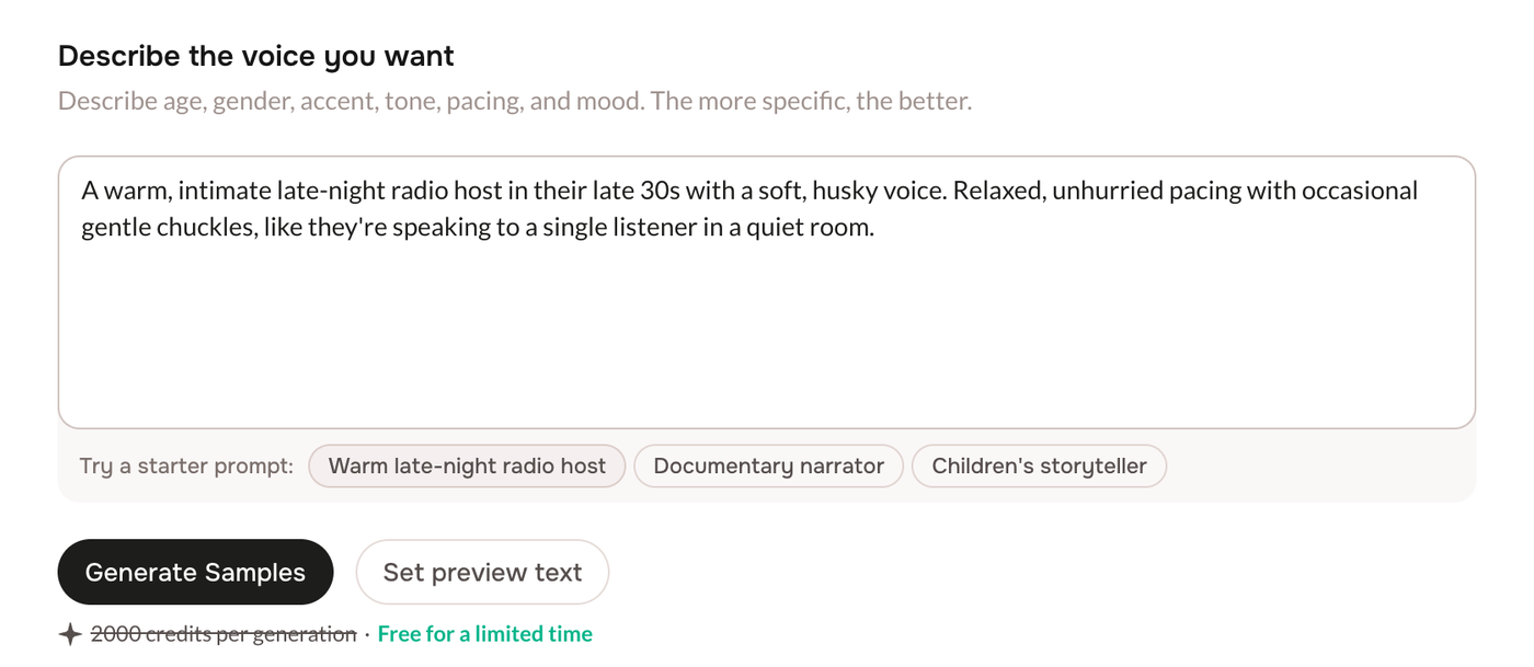 The voice description box with starter prompts, the Generate Samples button, and the cost note