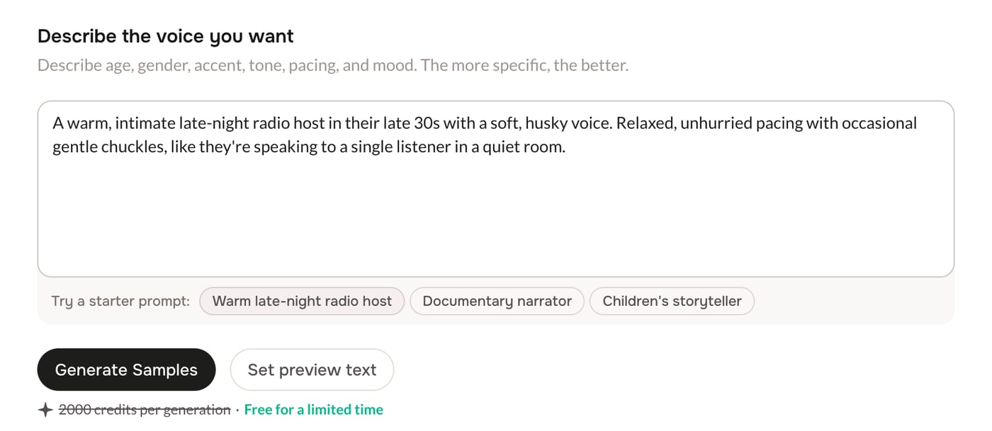 The voice description box with starter prompts, the Generate Samples button, and the cost note
