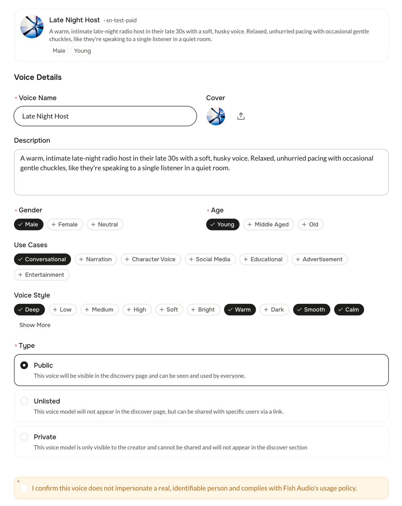 The Voice Details form with name, cover, description, gender, age, use cases, voice style, type, and the confirmation box