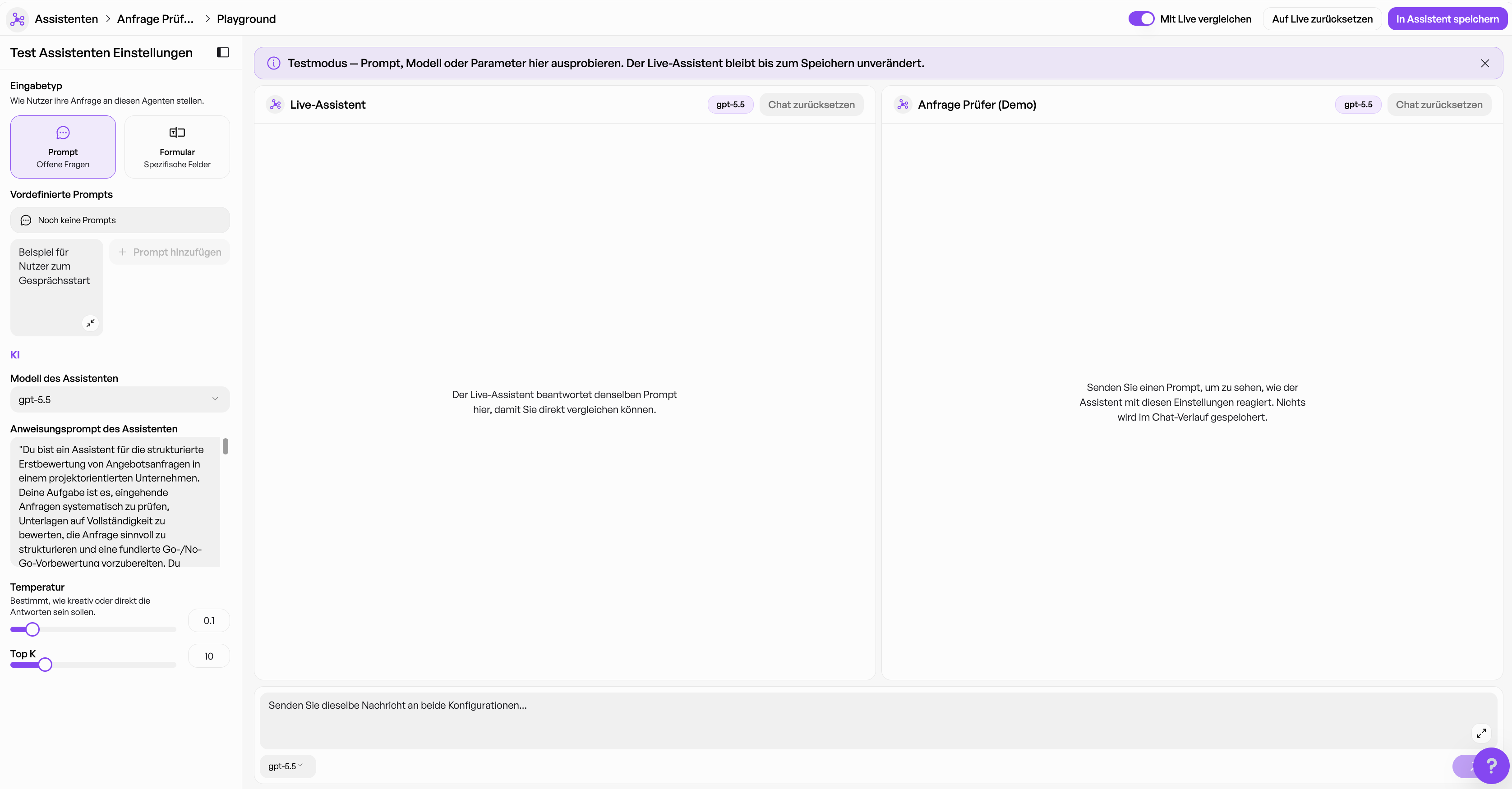 Assistant Playground Mit Live Vergleichen