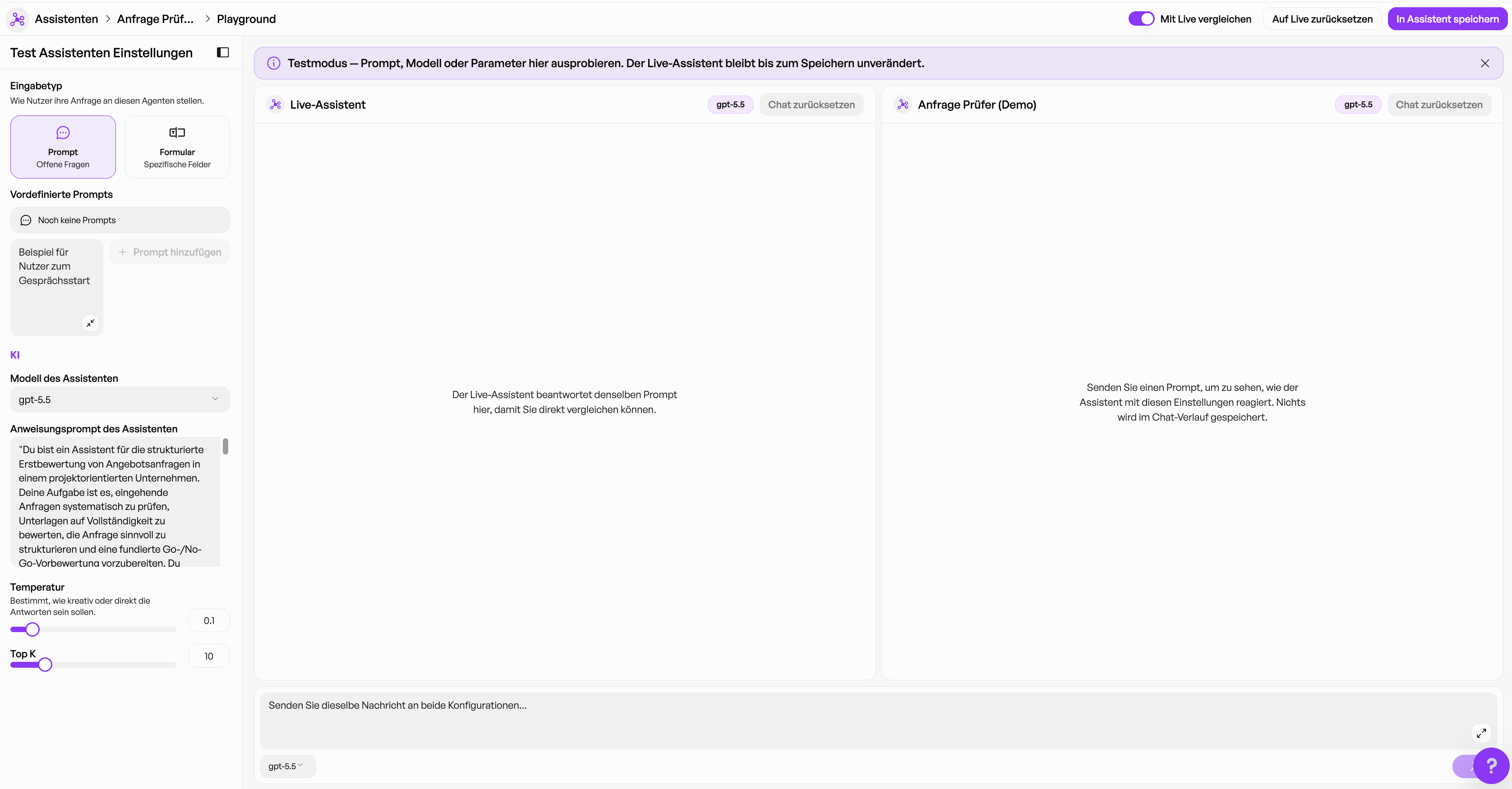 Assistant Playground Mit Live Vergleichen