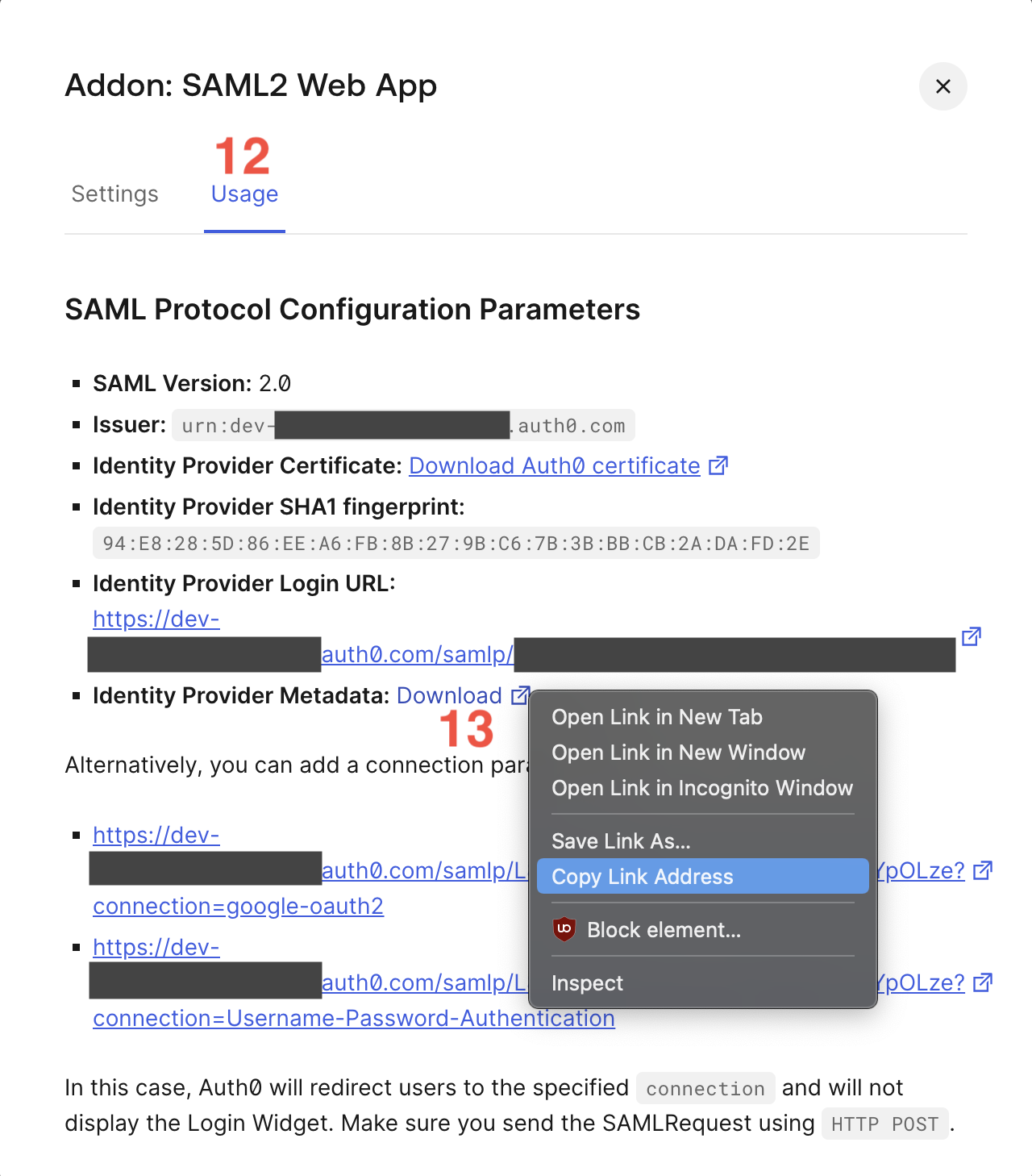 Copy identity provider metadata URL