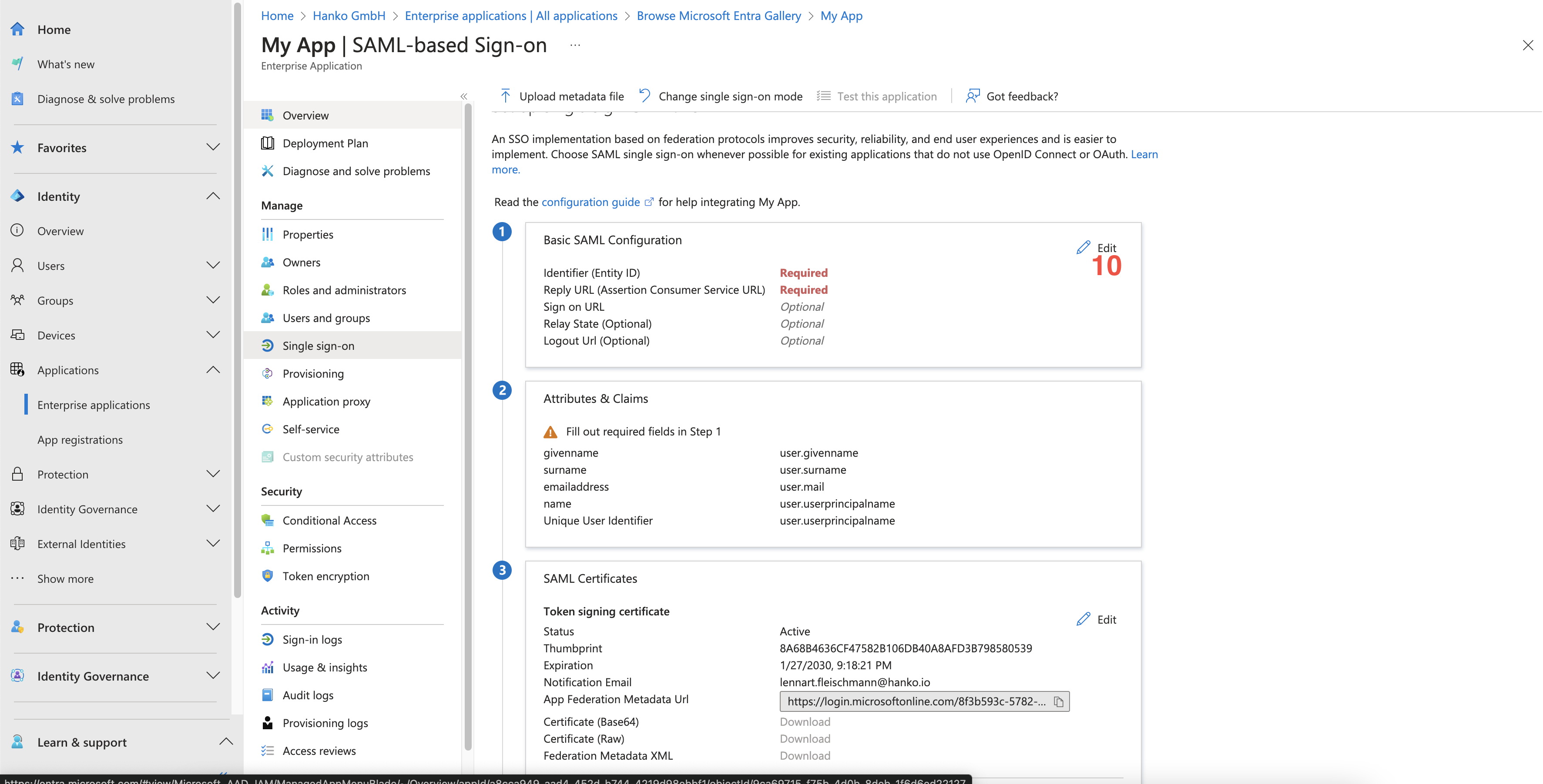 Configure new custom Entra application to use SAML as SSO method