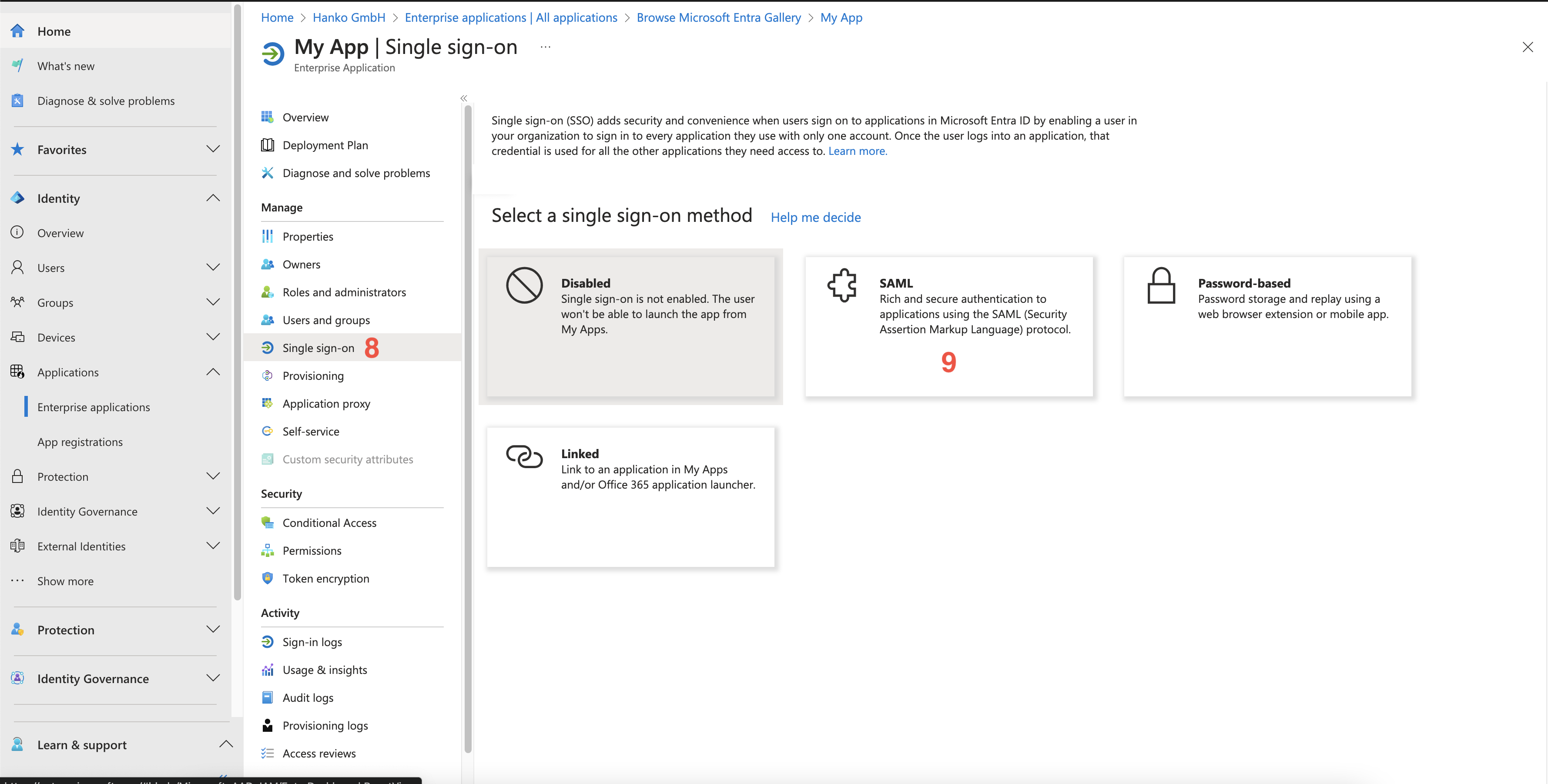 Configure new custom Entra application to use SAML as SSO method