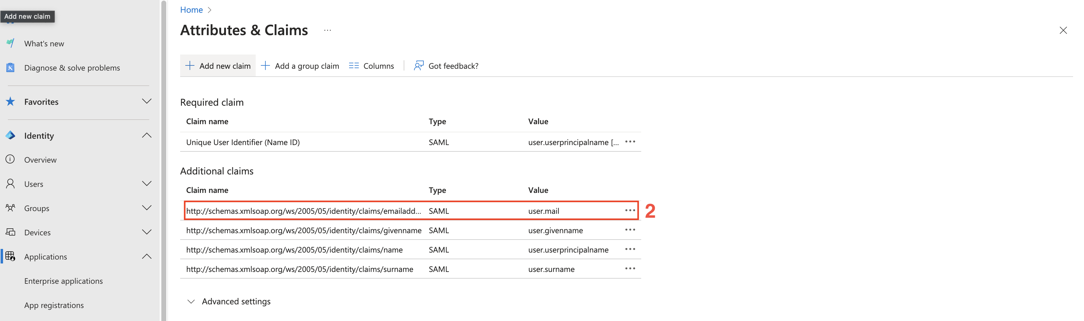 Select email address attribute mapping