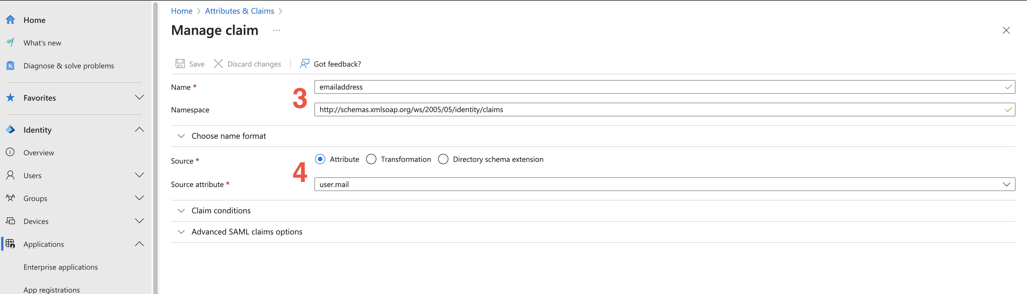 Ensure email address attribute name and namepsace matches defaults