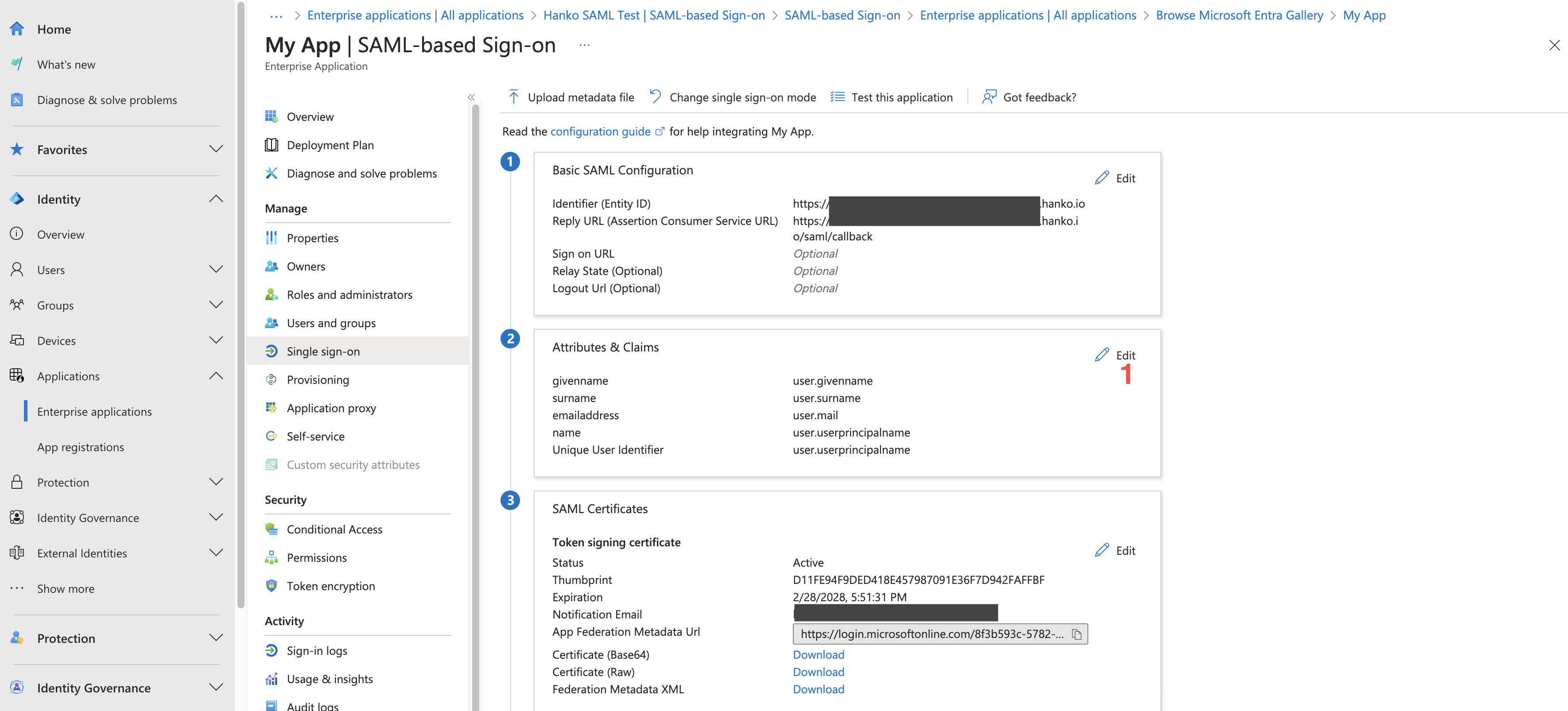 Access SAMl attribute mappings through Attributes & Claims panel