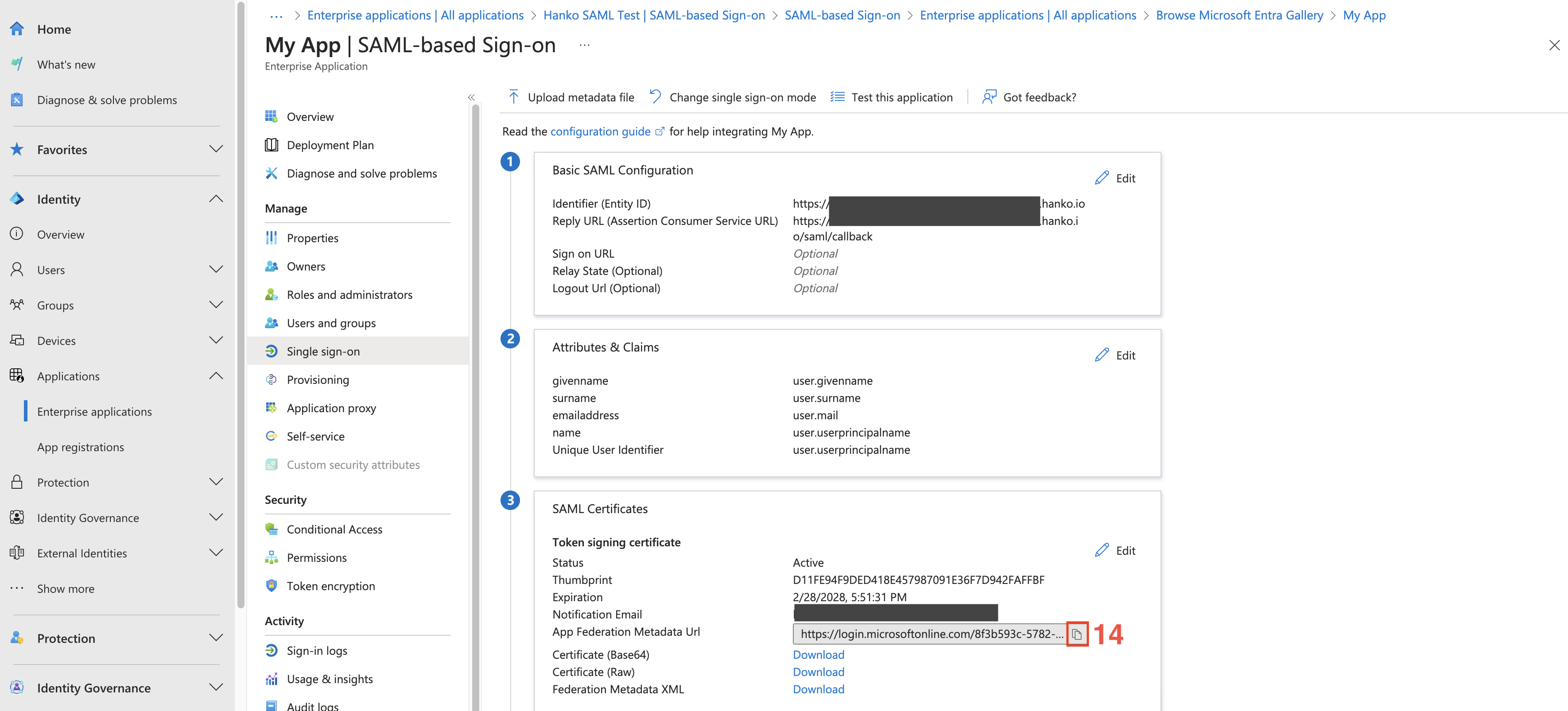 Obtain IdP Metadata URL from SAML certificates settings