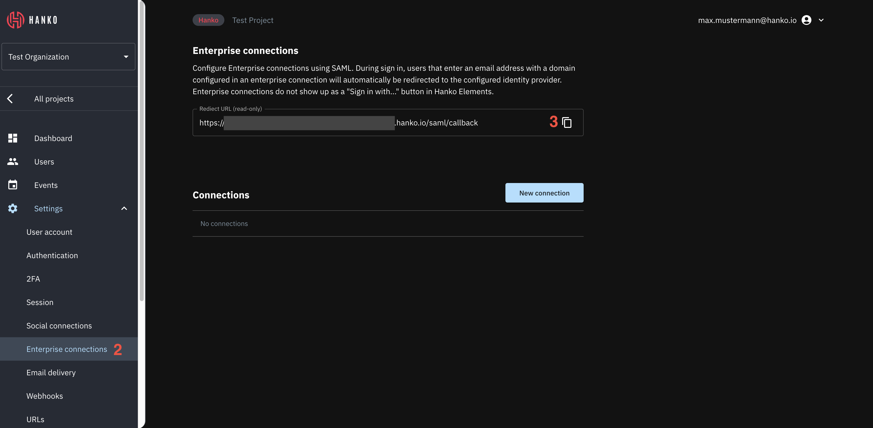 Obtain the Assertion Consumer Service URL in the Hank Cloud enterprise settings of a project