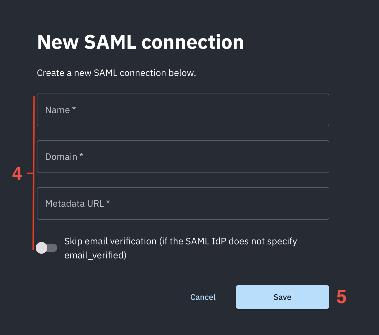 Provide name, domain, metadata URL and email verification requirement for a new enterprise connection