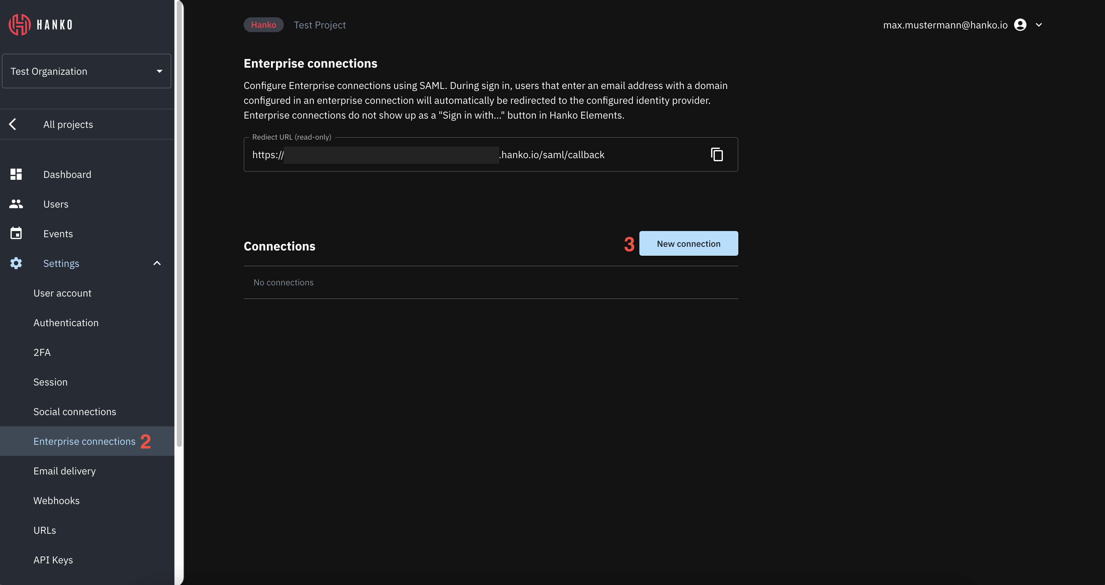 Create a new enterprise connection in the Hanko Cloud project settings
