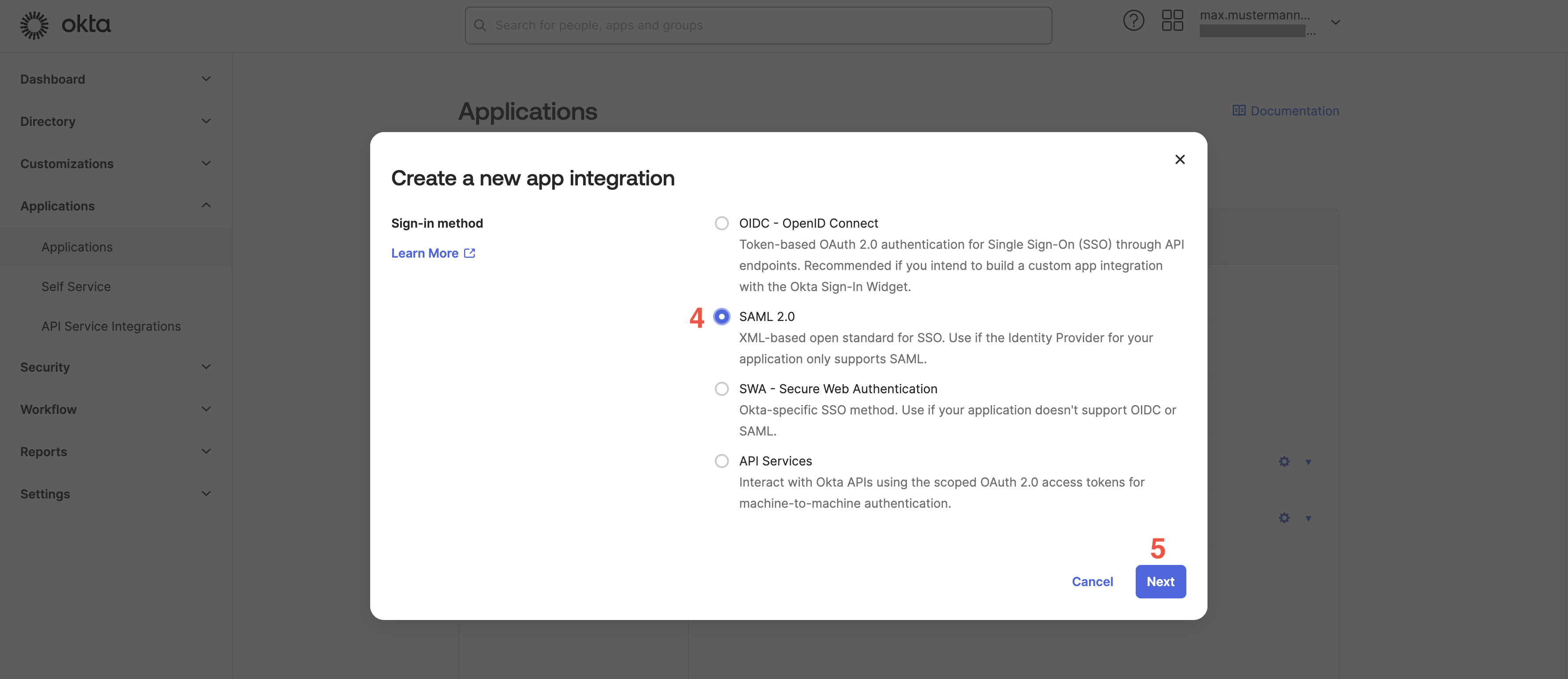 Select SAML as sign-in method for new app integration