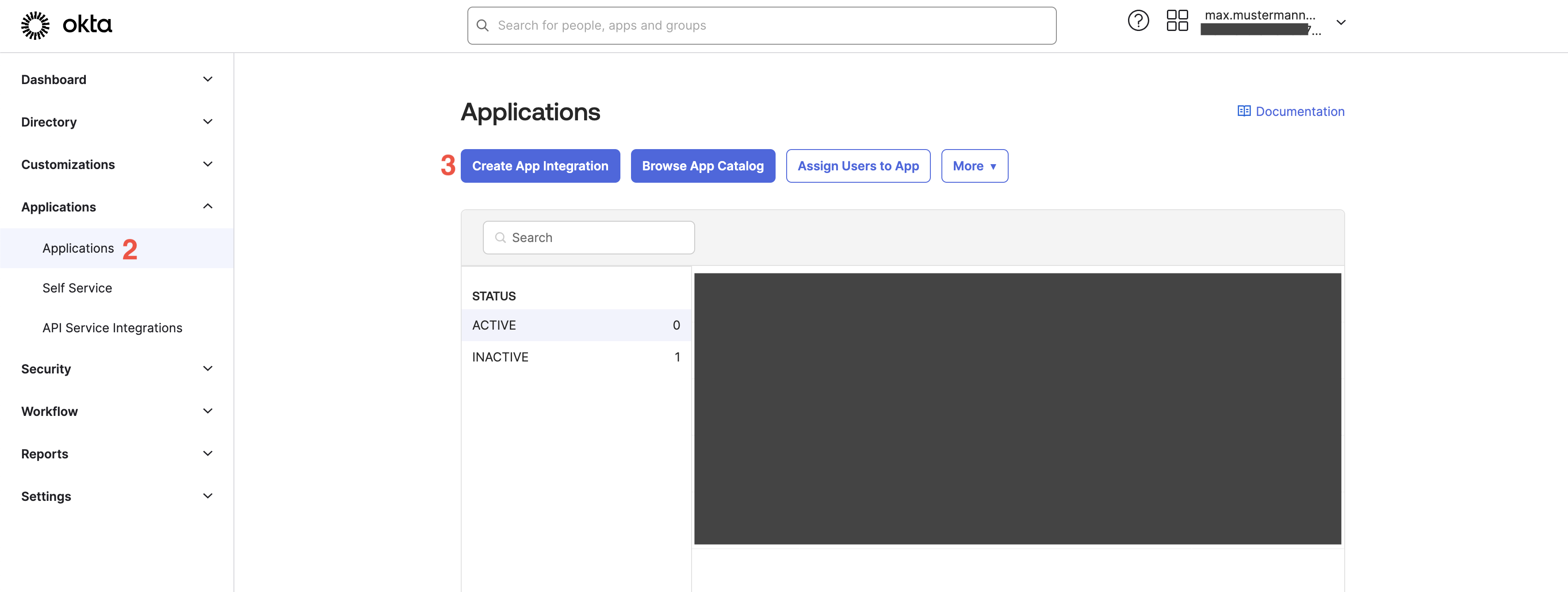 Create app integration in the Okta Administrative Console's Applications settings