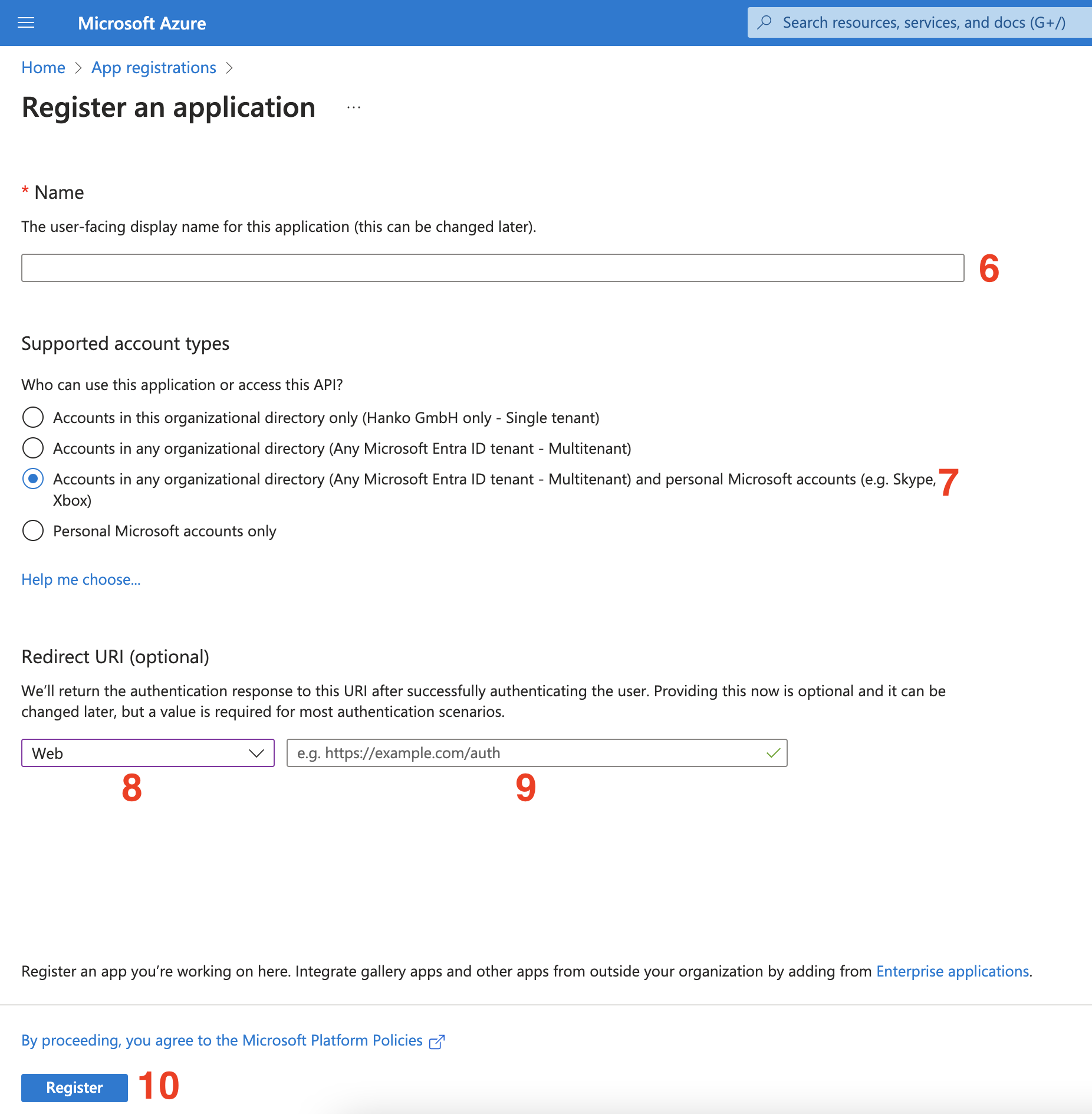 Fill app registration form