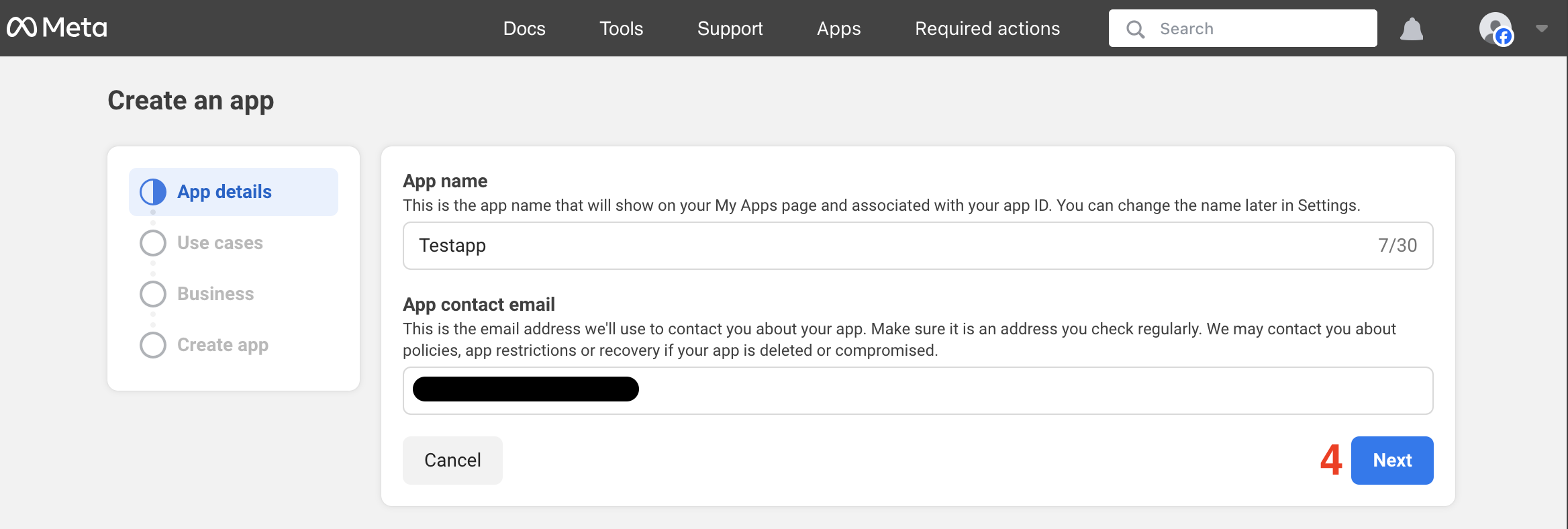 Facebook app details prompt on app creation