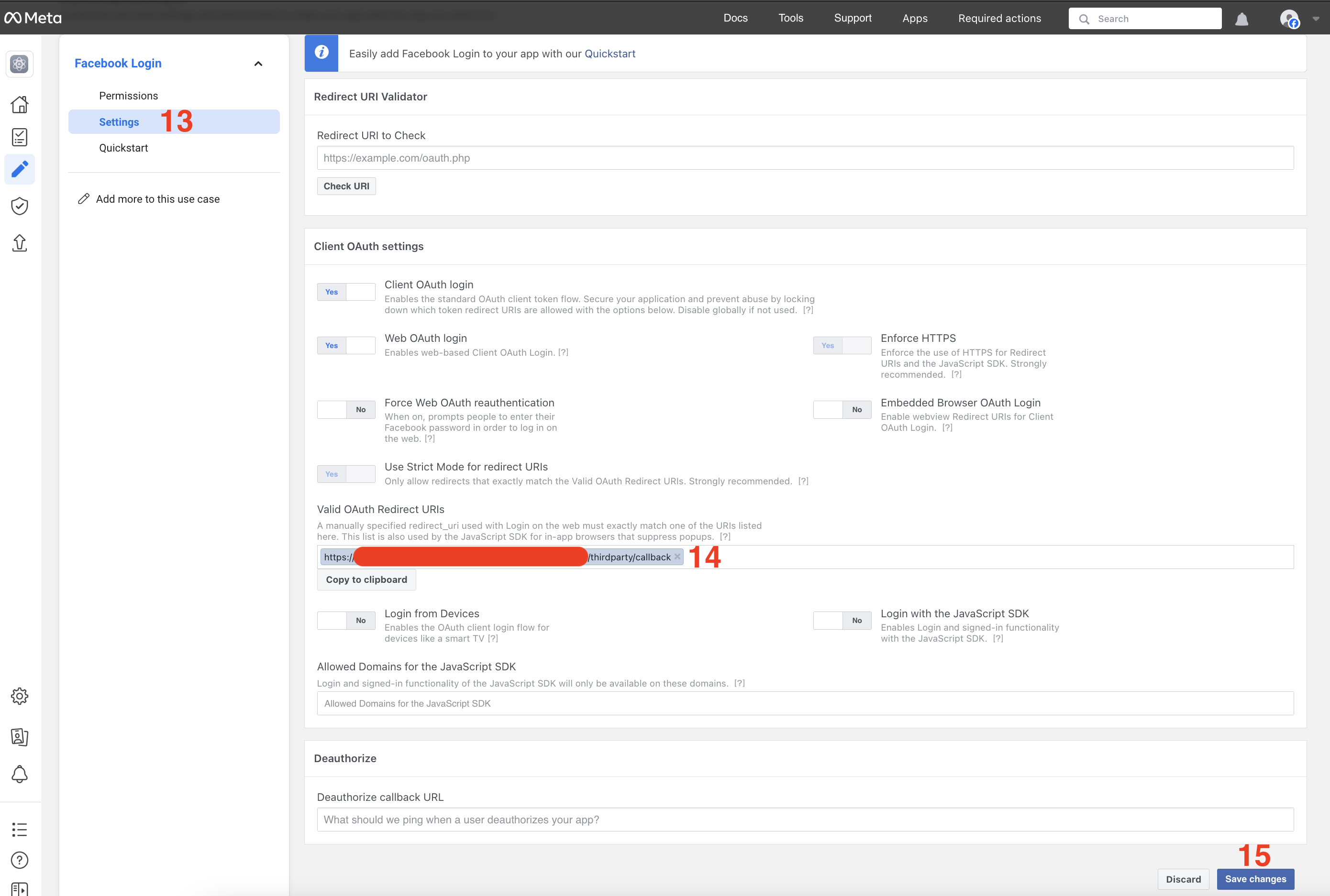 Facebook customize login use case settings by adding valid OAuth redirect URLs