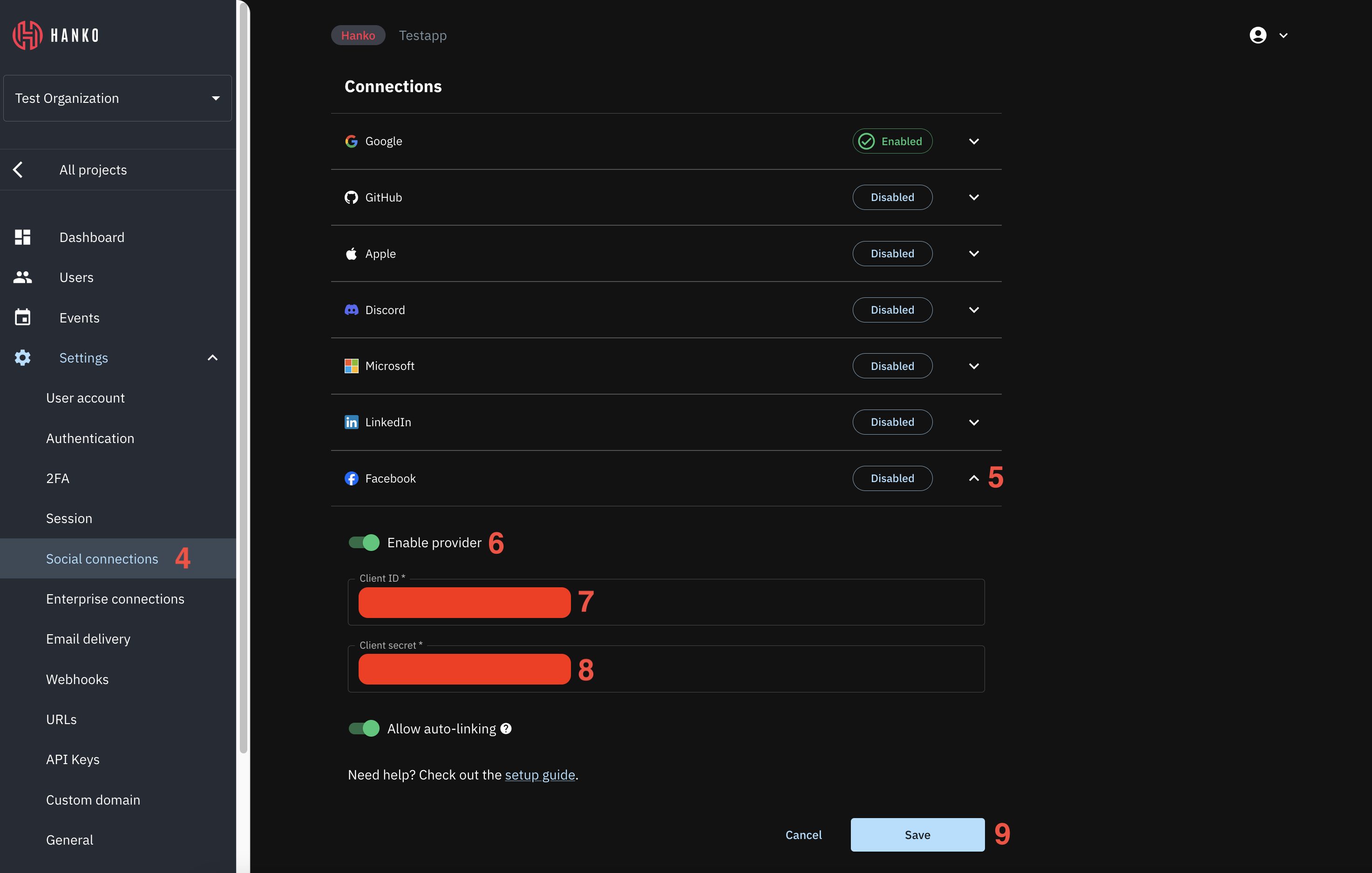 Configure Facebook provider in Hanko Cloud social connection settings