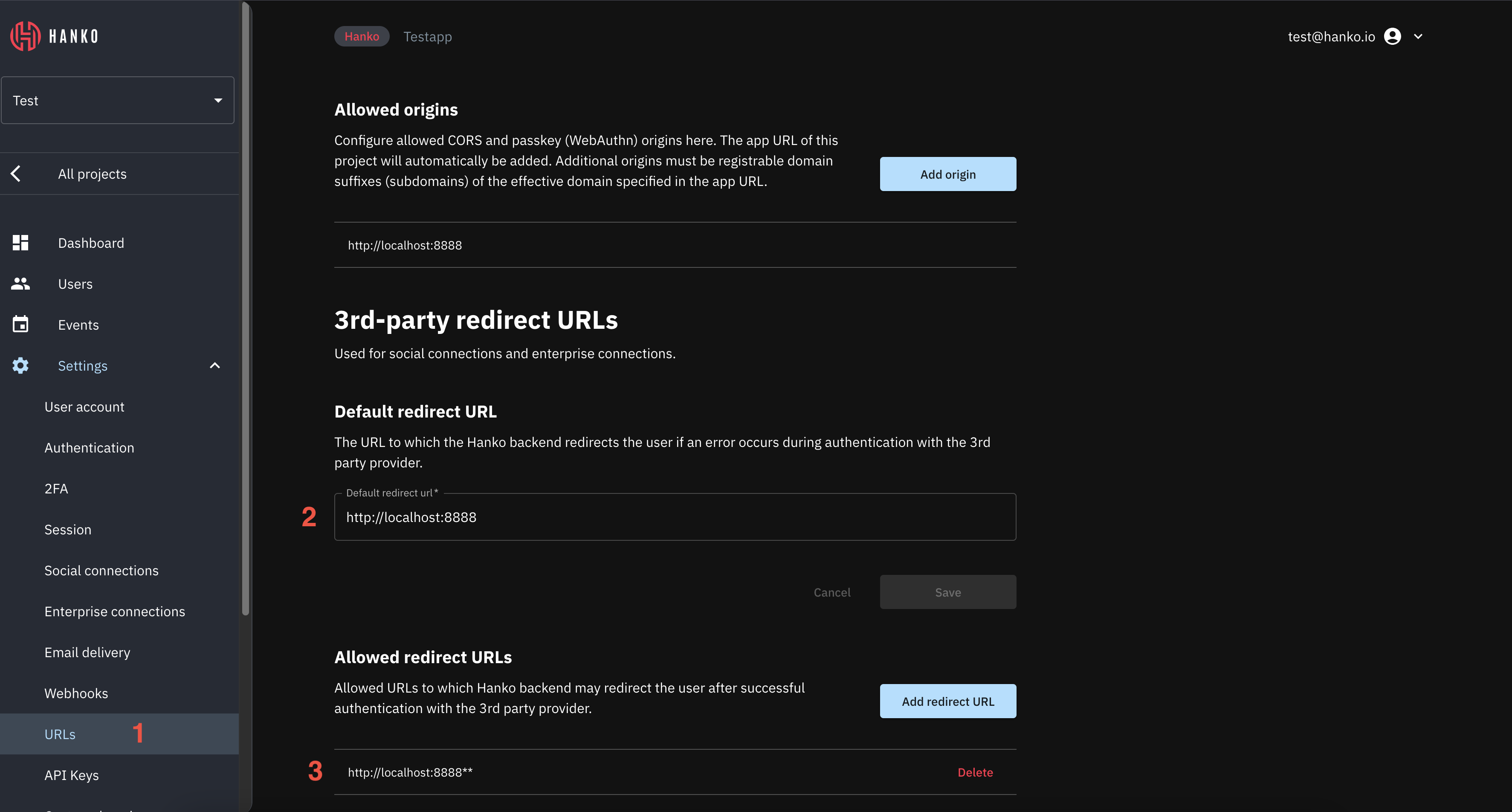 Hanko Redirect URLs configuration