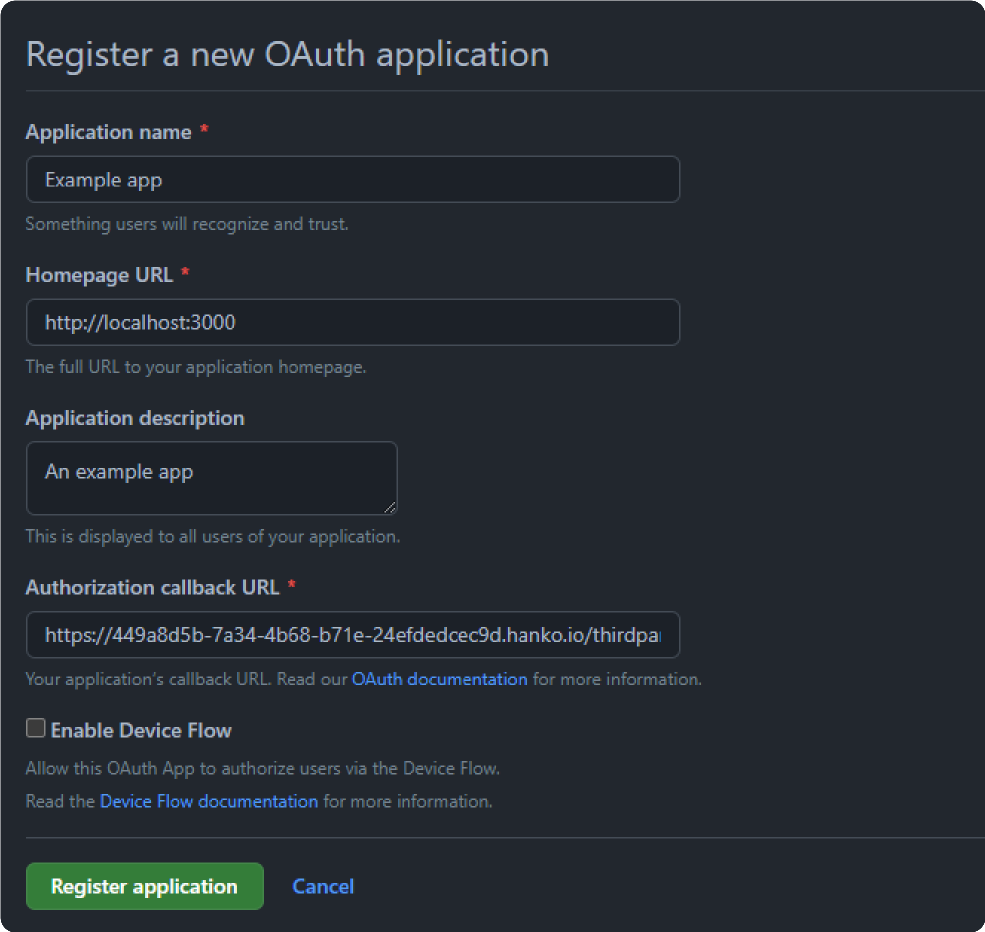 GitHub OAuth registration form