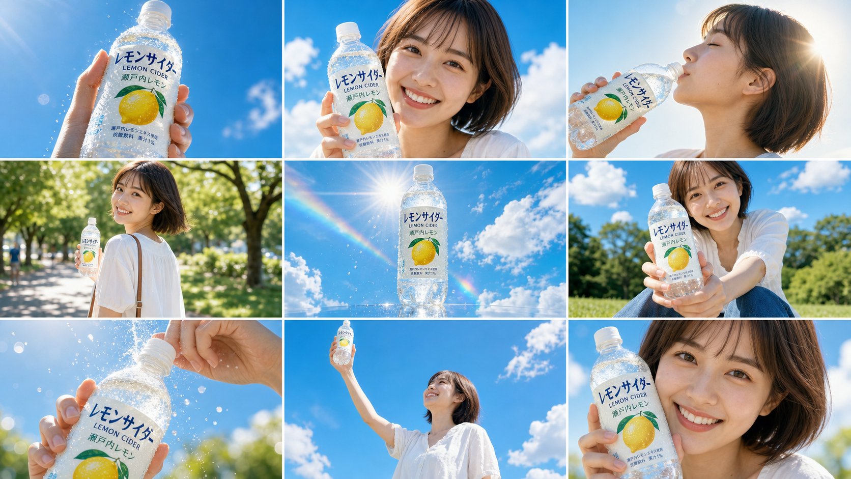 Nine-panel lemon cider storyboard reference for an image-to-video ad