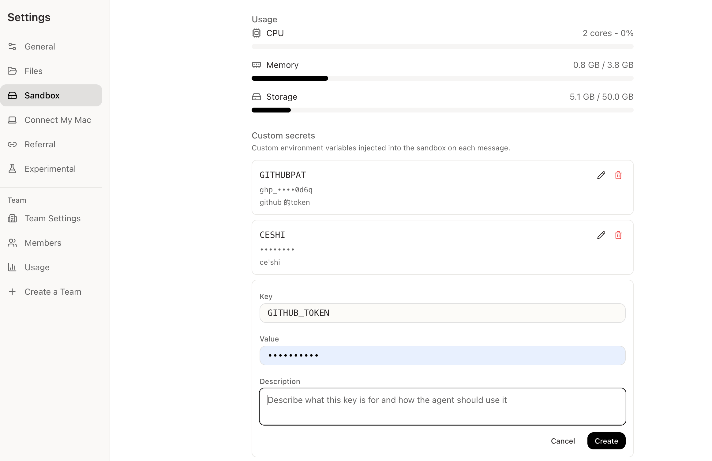 Custom secrets settings in the Happycapy sandbox settings panel