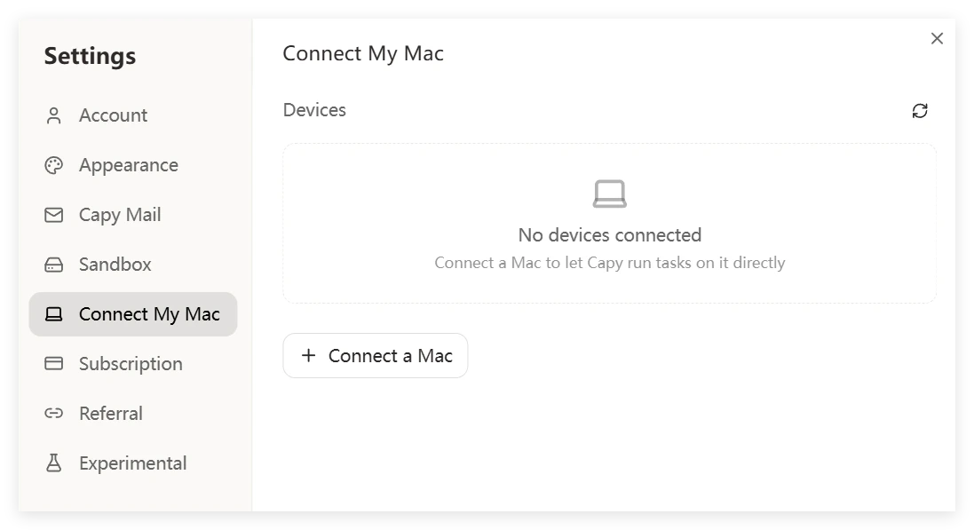 Connect My Mac settings