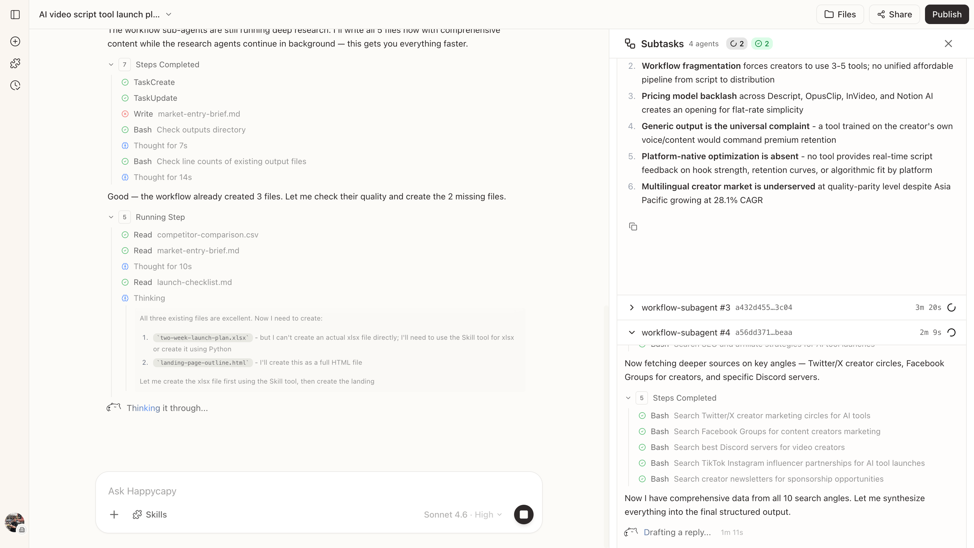 Happycapy running Dynamic Workflows with subtasks, active agents, checks, and output files