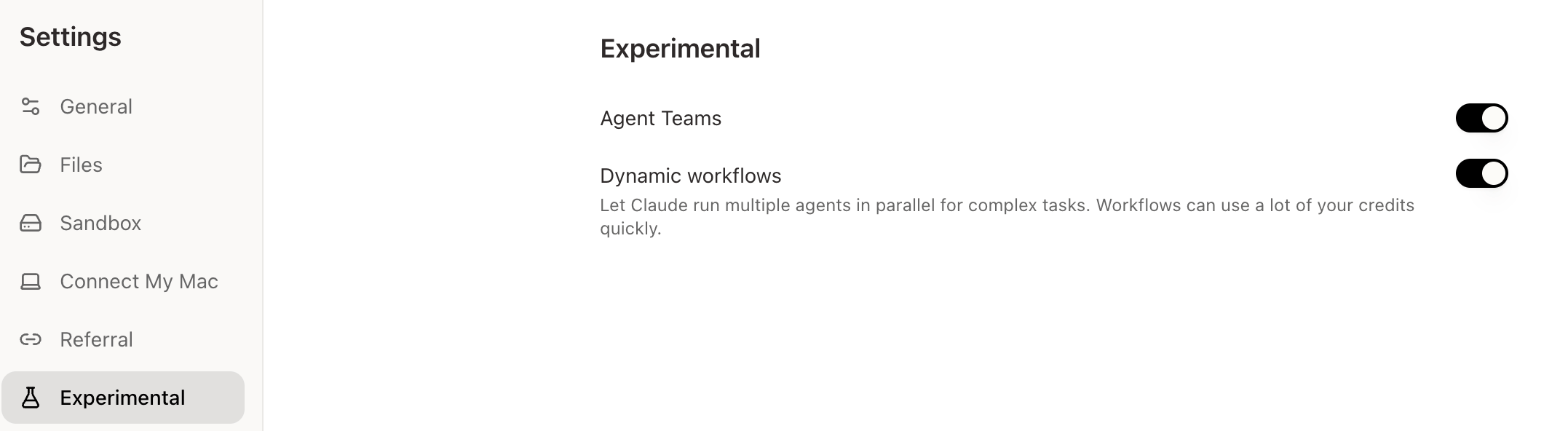 Happycapy Settings Experimental page with Dynamic workflows enabled