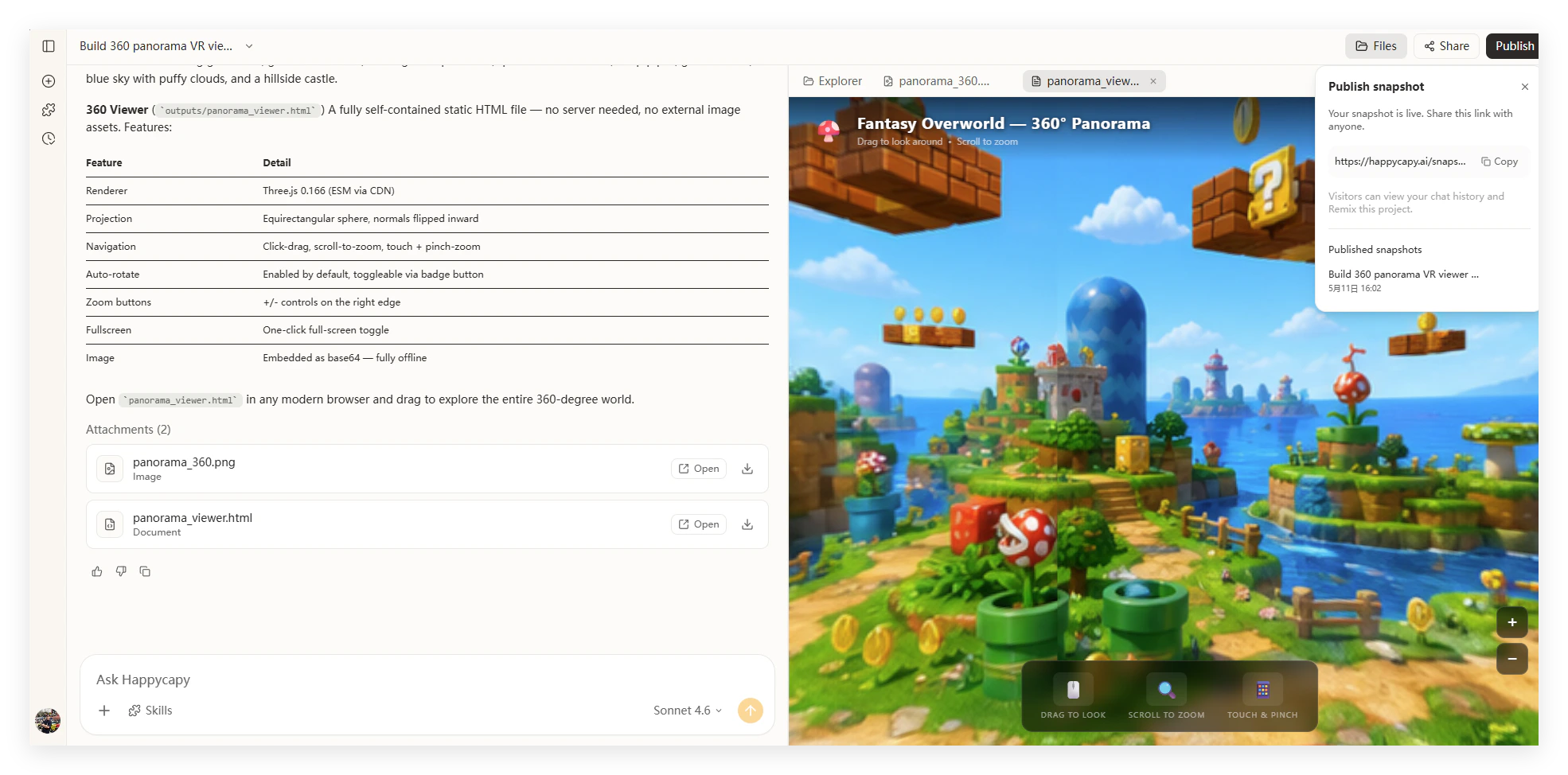 Publish snapshot panel