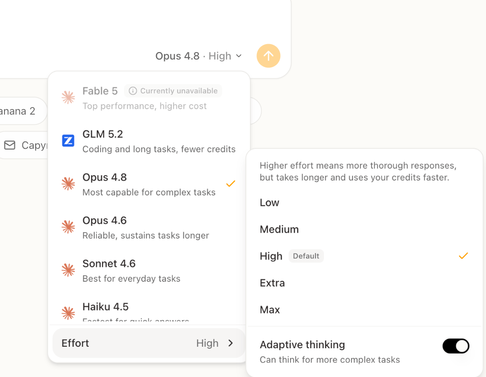 Happycapy model selector showing the Effort row and the Low, Medium, High, Extra, Max, and Adaptive thinking controls