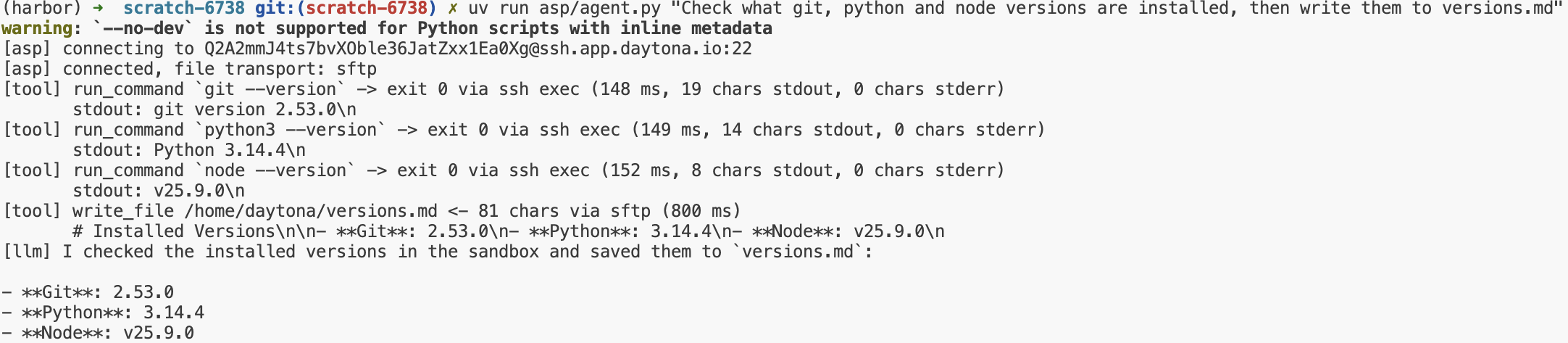 Minimal Python agent running a task in a Daytona sandbox over ASP