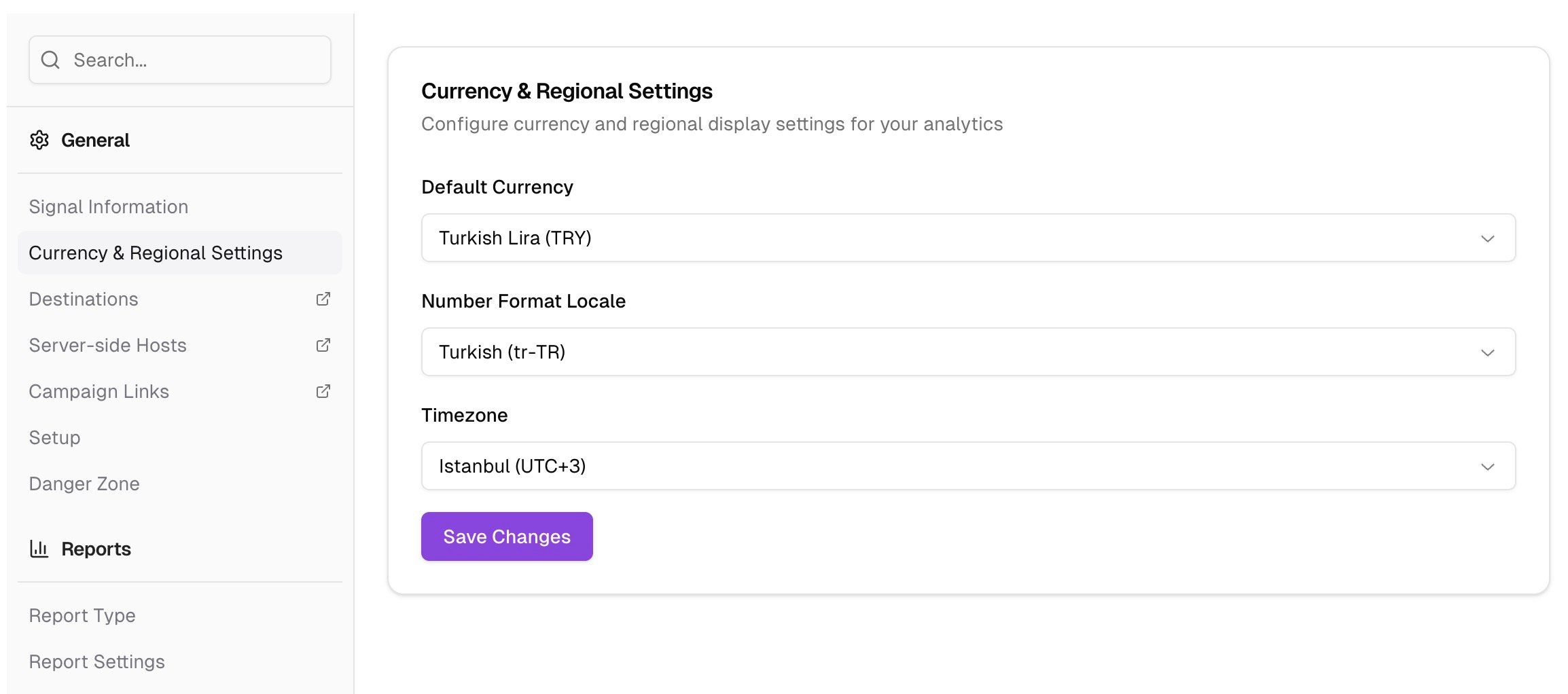 Settings page