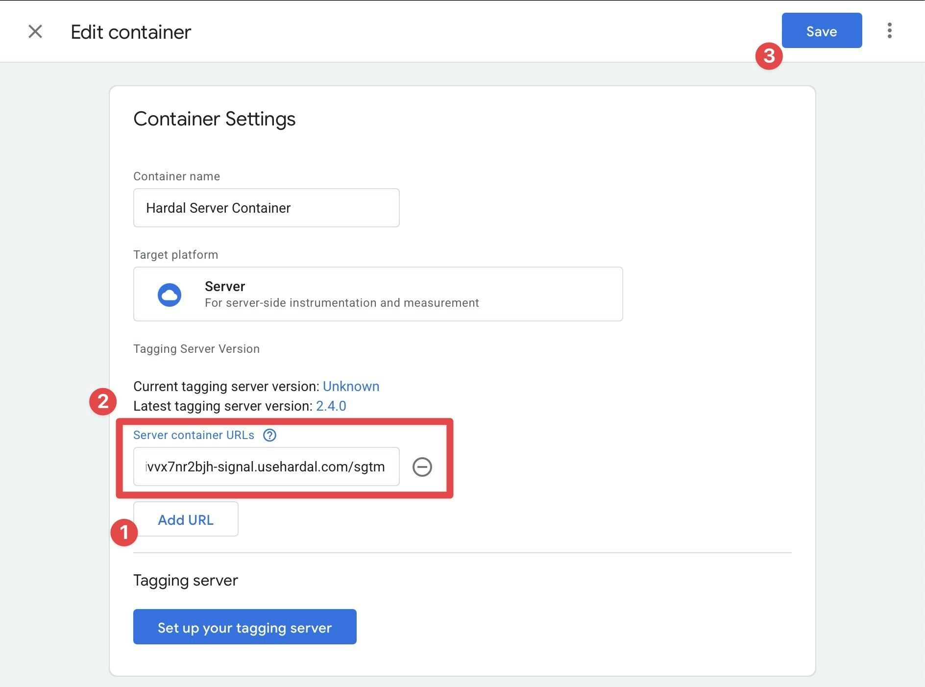 Server container URL configuration
