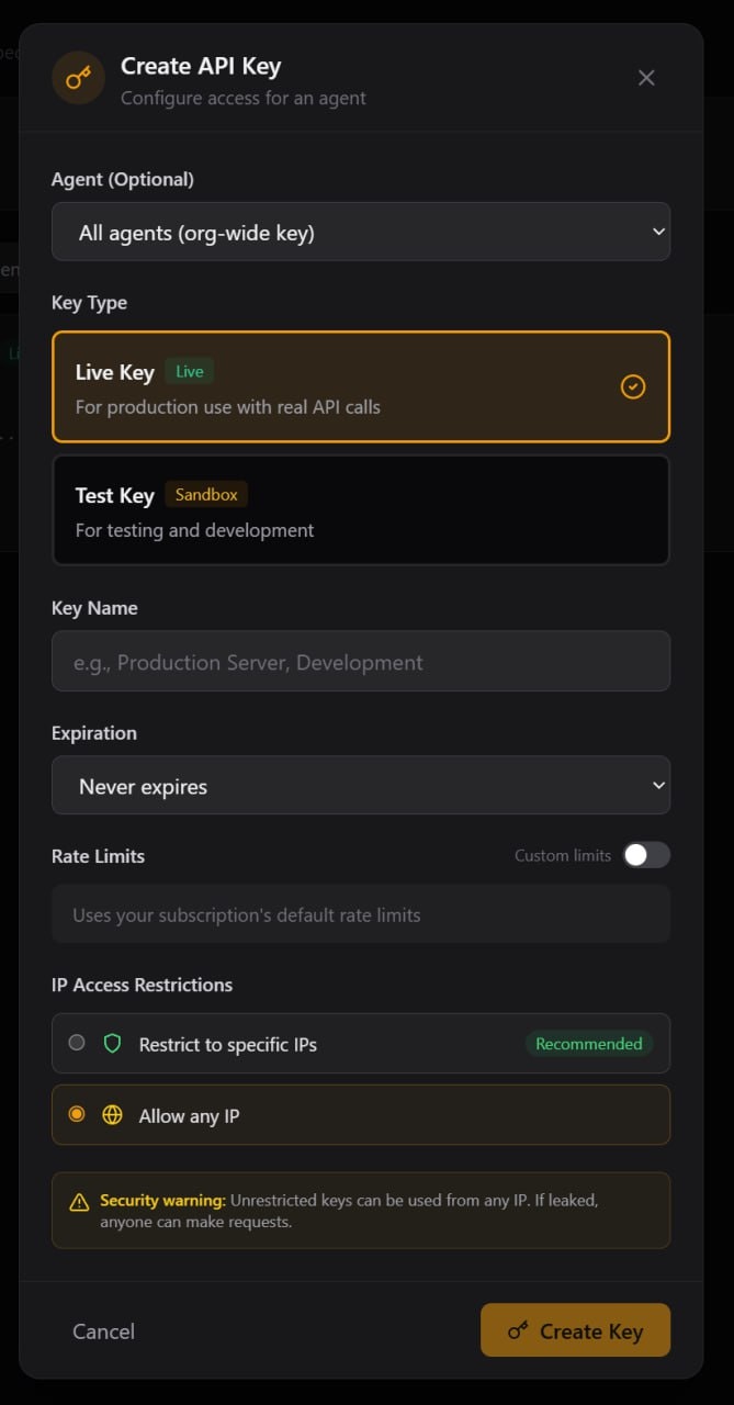 Kovrex Dashboard — Create API Key modal