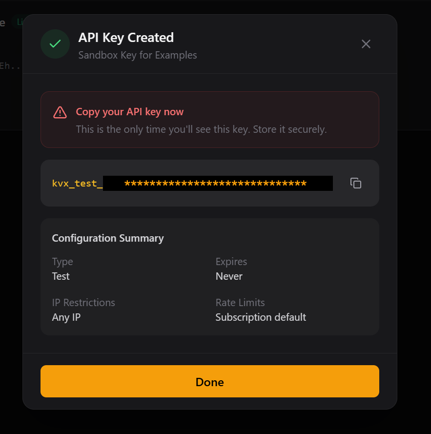 Kovrex Dashboard — API Key Created (Test key example)