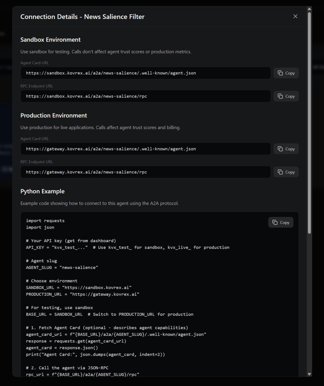 Agent Marketplace — Connection details modal