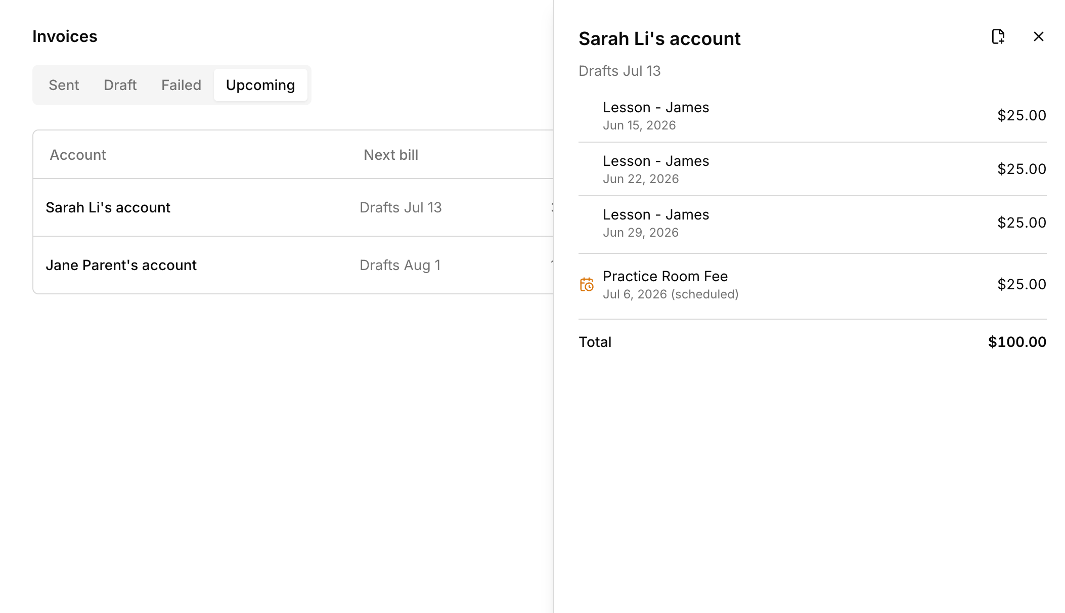 The invoices Upcoming tab, with one account's upcoming bill open showing its lessons and a scheduled recurring charge