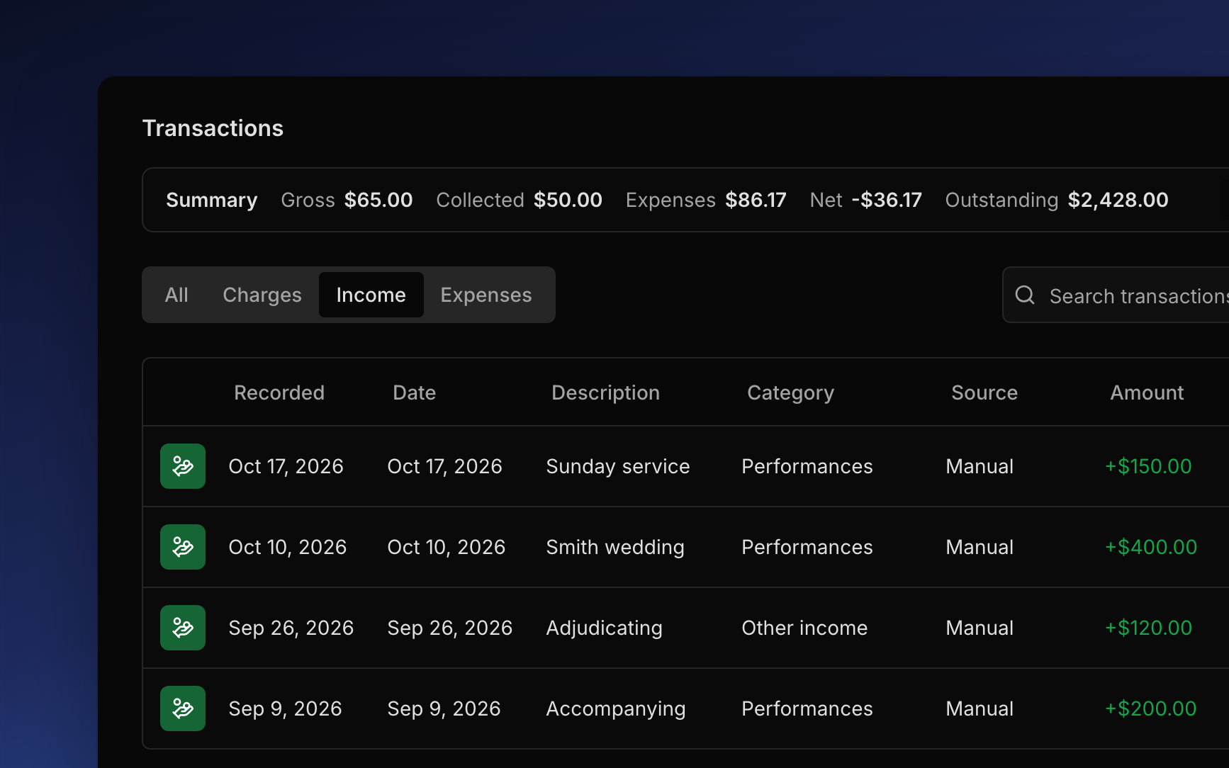 The Income tab: a Sunday service, the Smith wedding, adjudicating, and accompanying, each with a green Income badge, its category, and a plus amount.