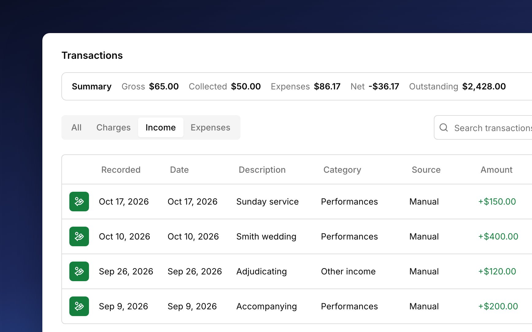 The Income tab: a Sunday service, the Smith wedding, adjudicating, and accompanying, each with a green Income badge, its category, and a plus amount.