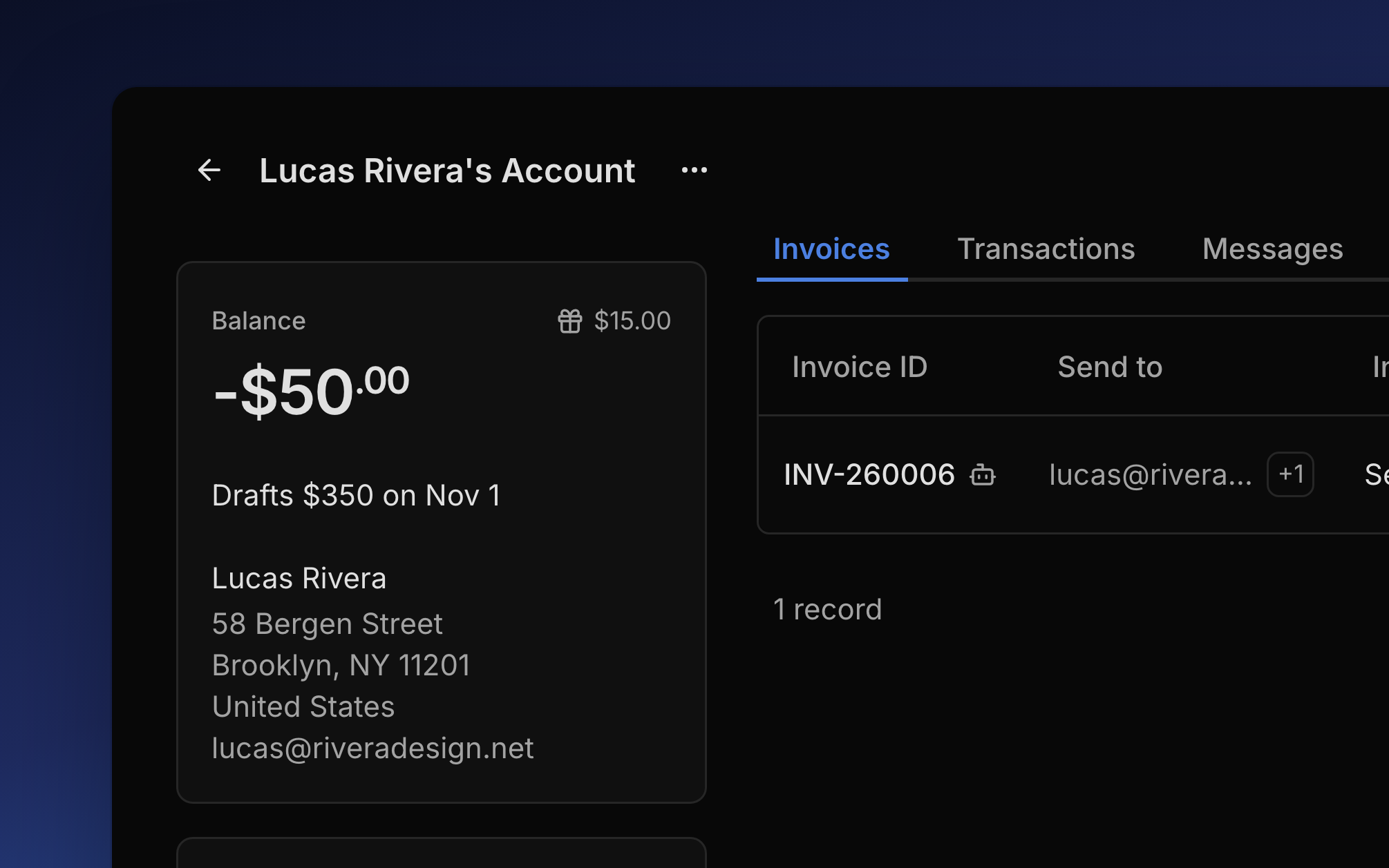 Lucas Rivera's account: a balance of -$50.00 in credit, $15 of studio credit on the gift button, the next bill reading Drafts $350 on Nov 1, and who the bill goes to.