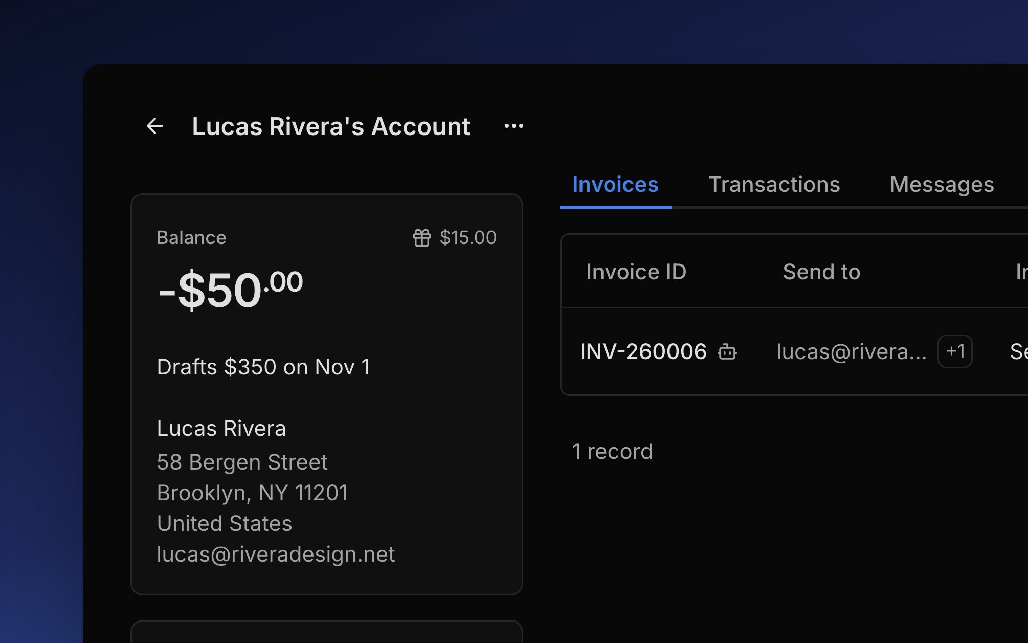 Lucas Rivera's account: a balance of -$50.00 in credit, $15 of studio credit on the gift button, the next bill reading Drafts $350 on Nov 1, and who the bill goes to.