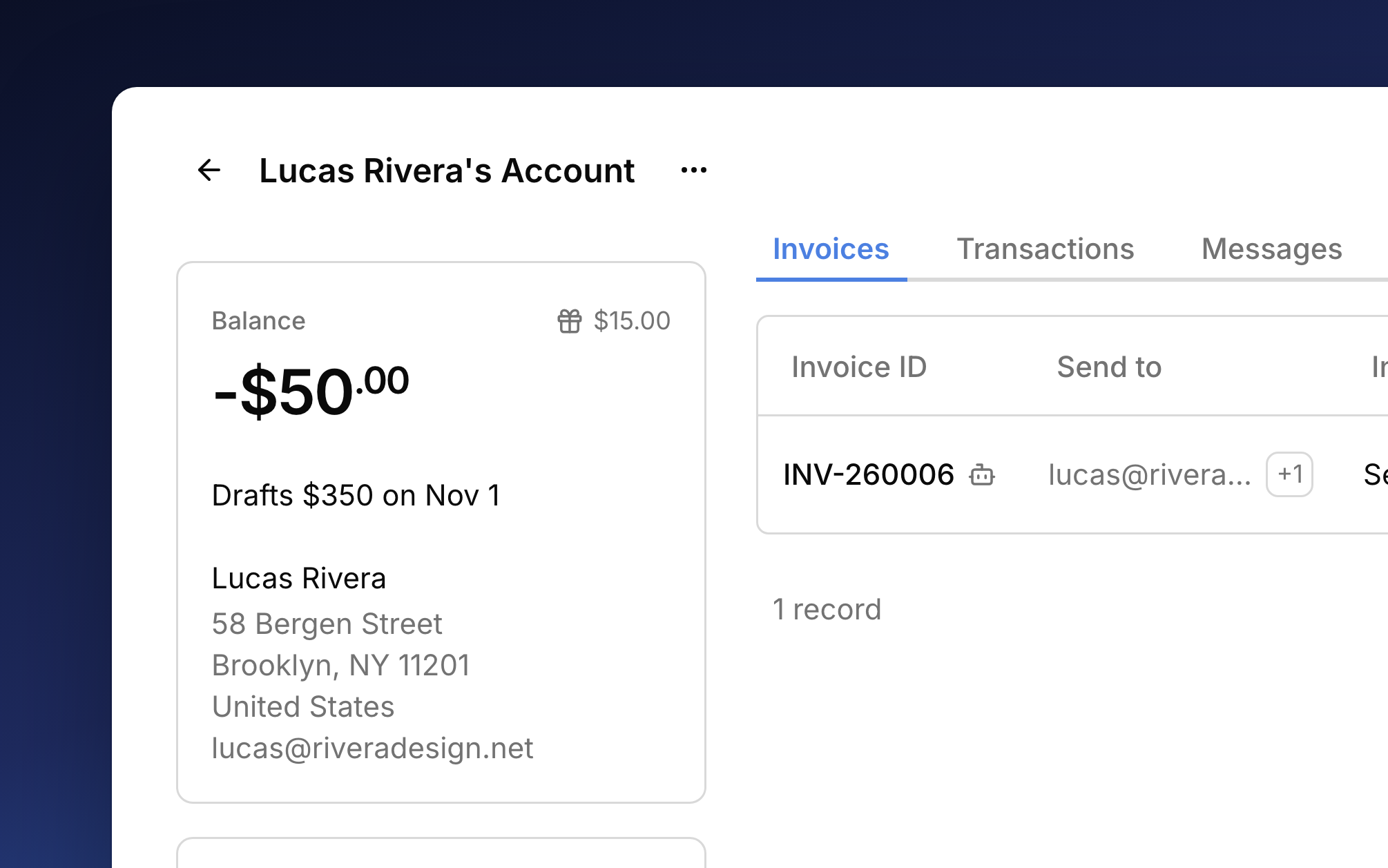 Lucas Rivera's account: a balance of -$50.00 in credit, $15 of studio credit on the gift button, the next bill reading Drafts $350 on Nov 1, and who the bill goes to.